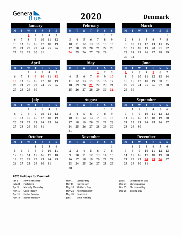 2020 Denmark Holiday Calendar