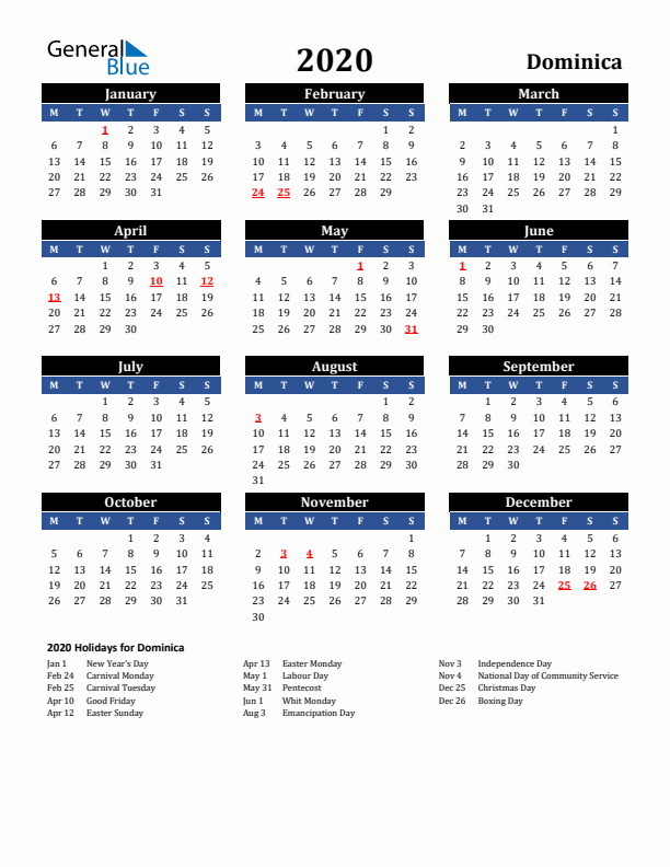 2020 Dominica Holiday Calendar