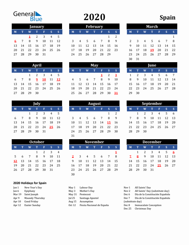 2020 Spain Holiday Calendar