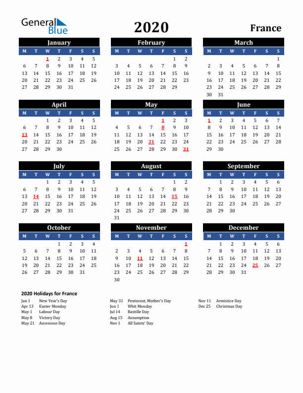 2020 France Holiday Calendar