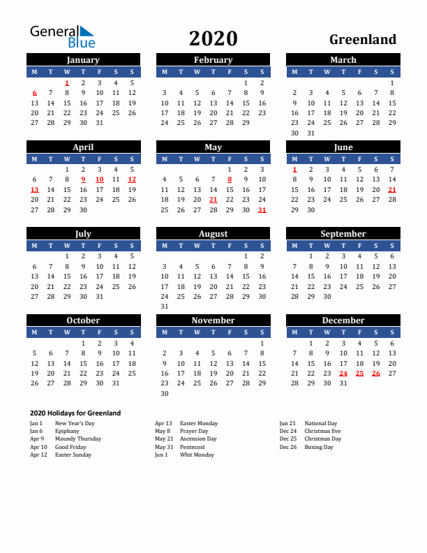 2020 Greenland Holiday Calendar