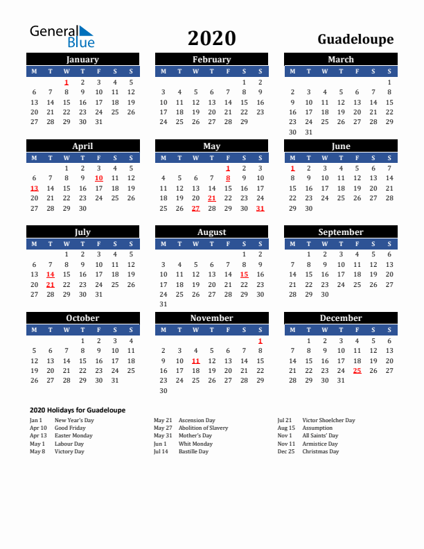 2020 Guadeloupe Holiday Calendar