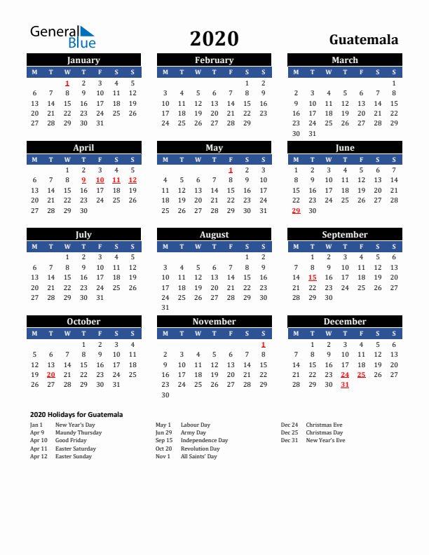 2020 Guatemala Holiday Calendar