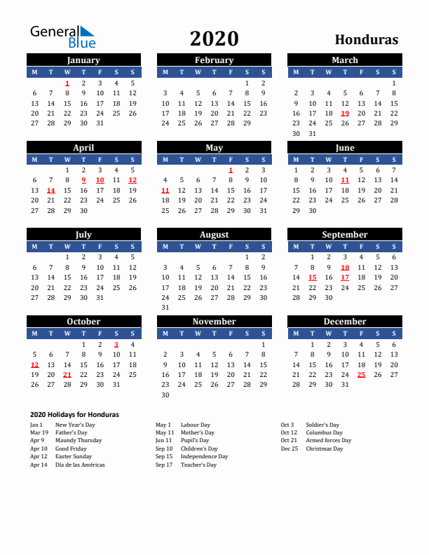 2020 Honduras Holiday Calendar