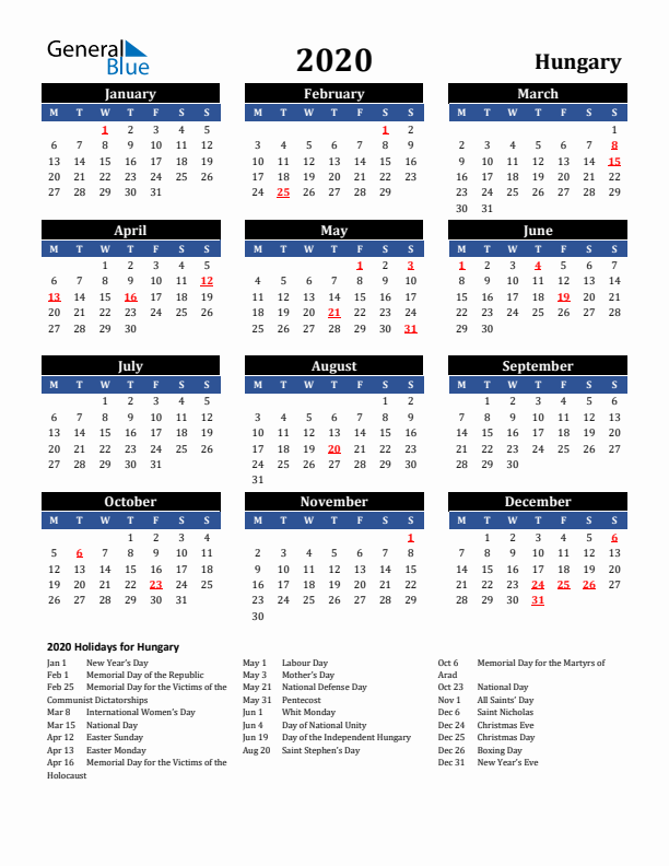 2020 Hungary Holiday Calendar