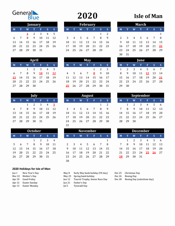 2020 Isle of Man Holiday Calendar