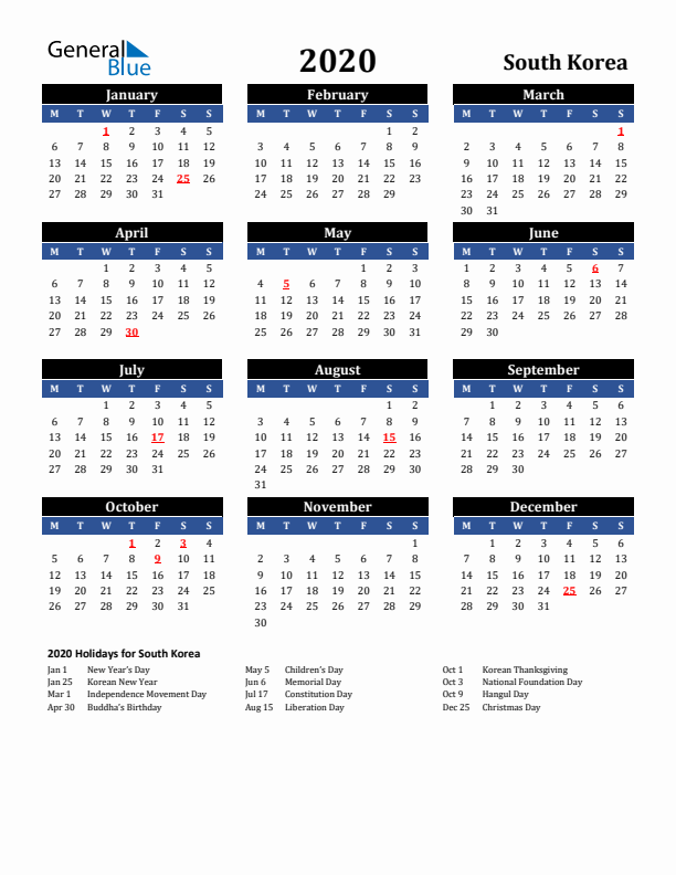 2020 South Korea Holiday Calendar