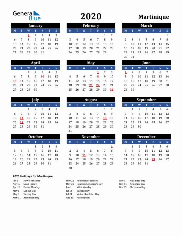 2020 Martinique Holiday Calendar