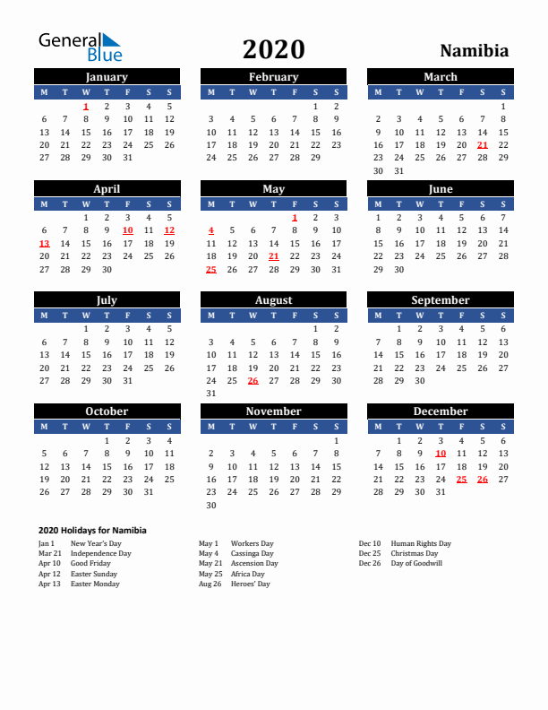 2020 Namibia Holiday Calendar