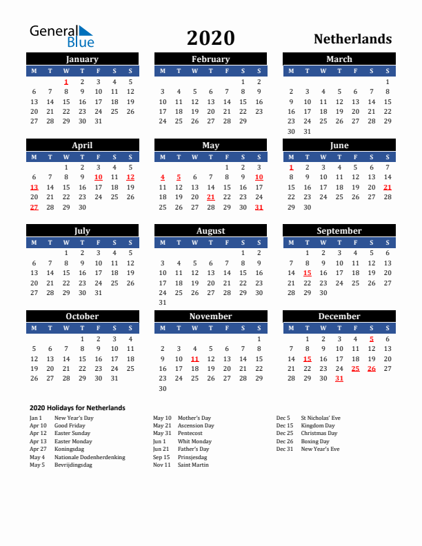 2020 The Netherlands Holiday Calendar