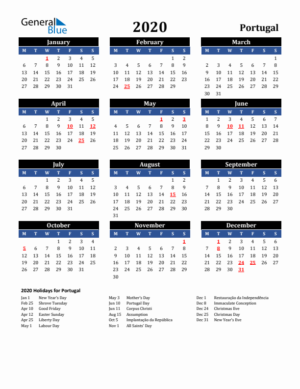 2020 Portugal Holiday Calendar