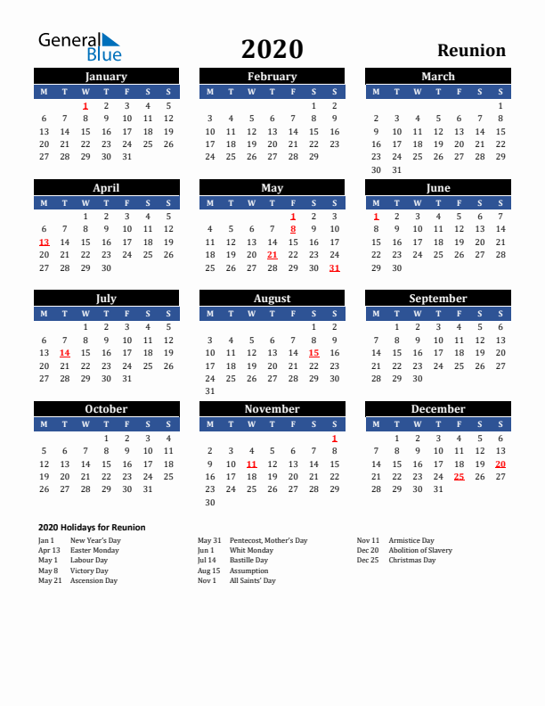 2020 Reunion Holiday Calendar