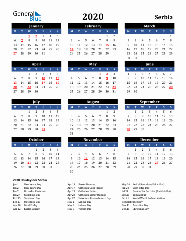 2020 Serbia Holiday Calendar