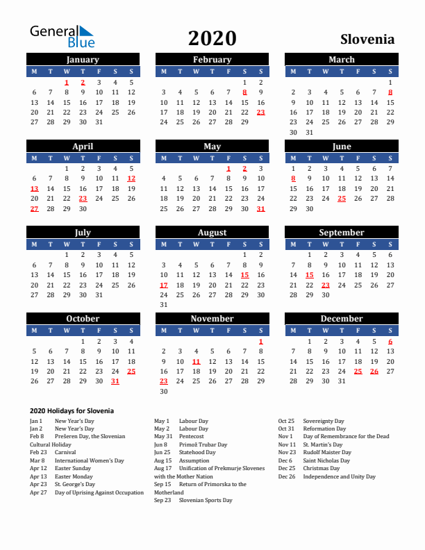 2020 Slovenia Holiday Calendar