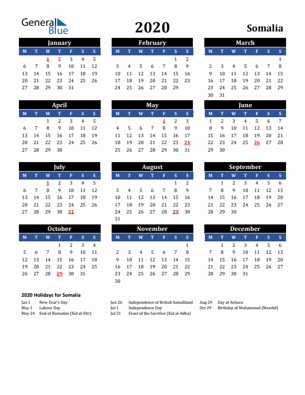 2020 Somalia Holiday Calendar