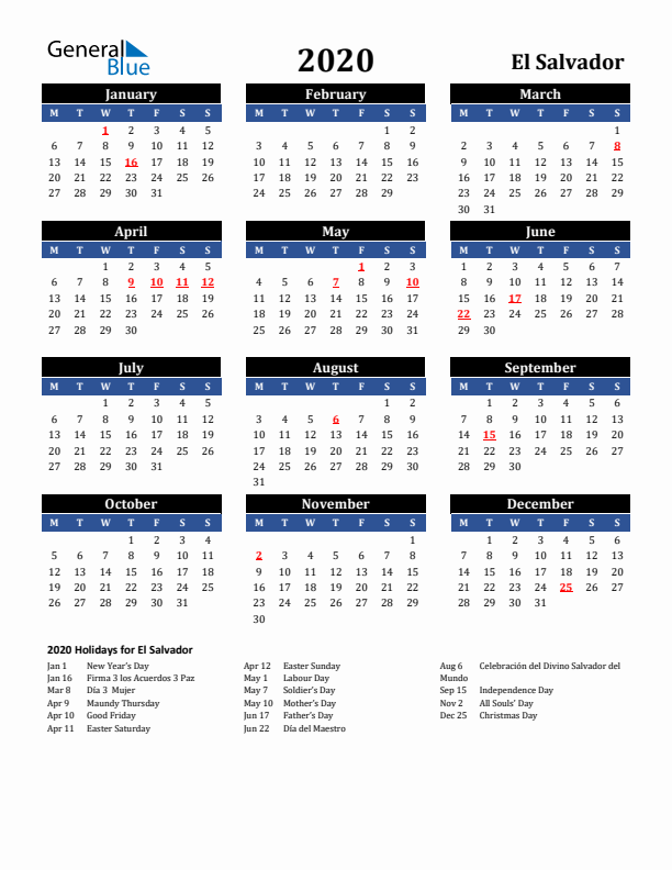 2020 El Salvador Holiday Calendar