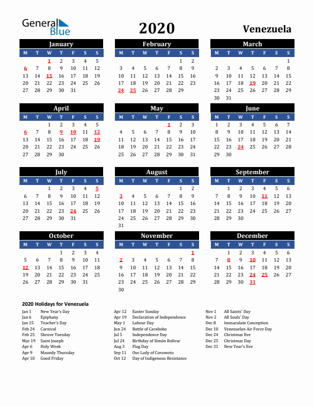 2020 Venezuela Holiday Calendar