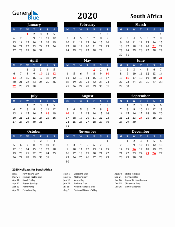 2020 South Africa Holiday Calendar