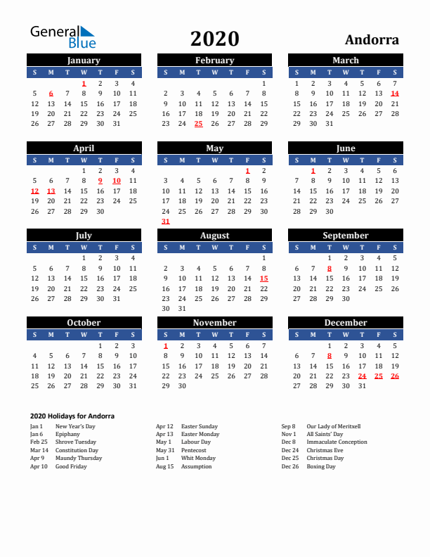 2020 Andorra Holiday Calendar