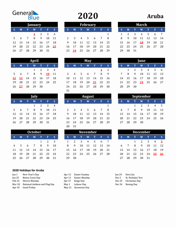 2020 Aruba Holiday Calendar