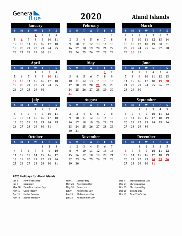 2020 Aland Islands Holiday Calendar