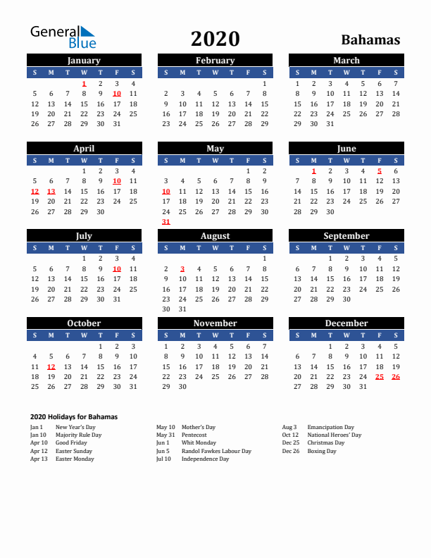 2020 Bahamas Holiday Calendar