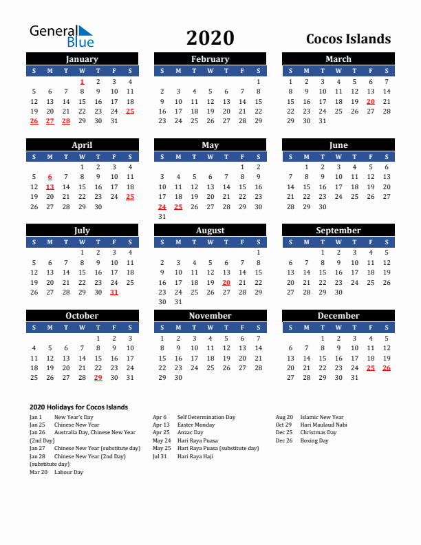 2020 Cocos Islands Holiday Calendar