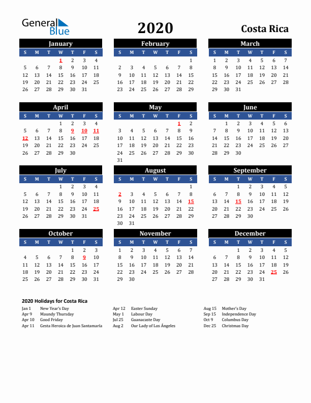 2020 Costa Rica Holiday Calendar