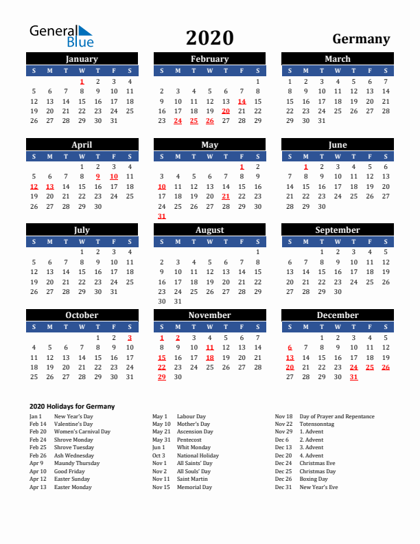 2020 Germany Holiday Calendar