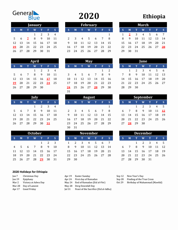 2020 Ethiopia Holiday Calendar