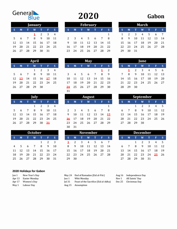 2020 Gabon Holiday Calendar