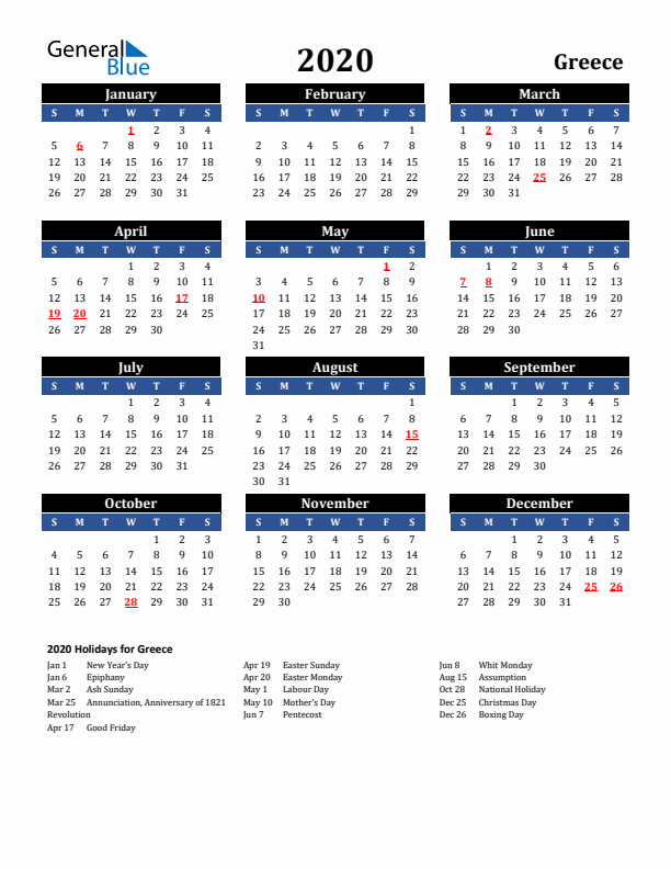 2020 Greece Holiday Calendar