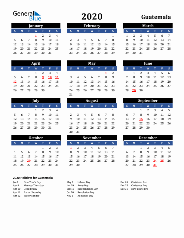 2020 Guatemala Holiday Calendar