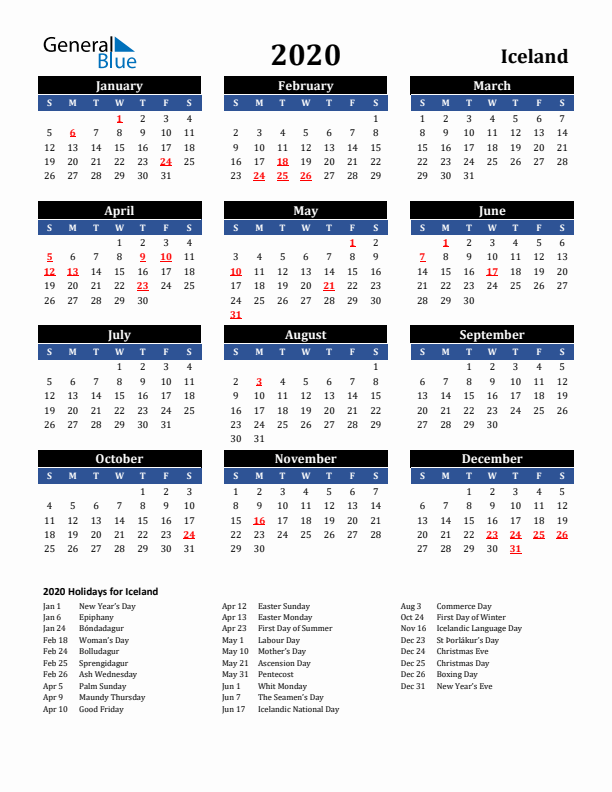 2020 Iceland Holiday Calendar