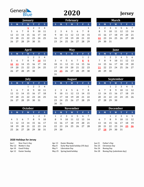 2020 Jersey Holiday Calendar