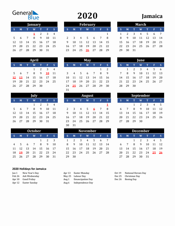 2020 Jamaica Holiday Calendar