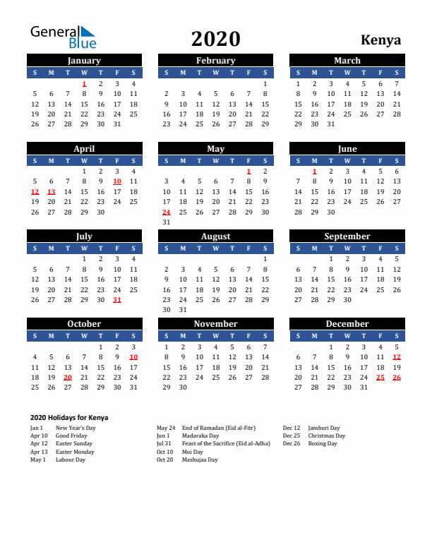 2020 Kenya Holiday Calendar