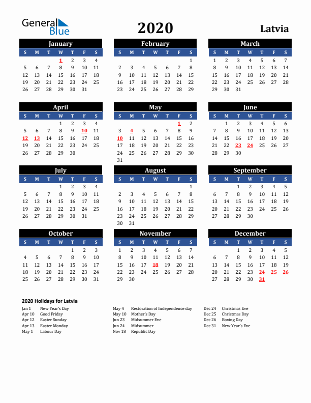 2020 Latvia Holiday Calendar