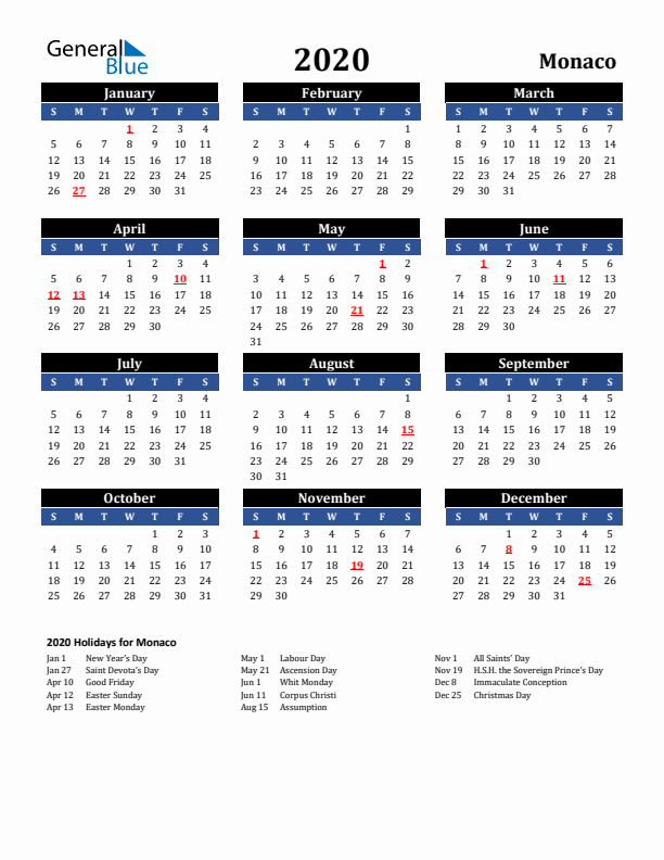 2020 Monaco Holiday Calendar