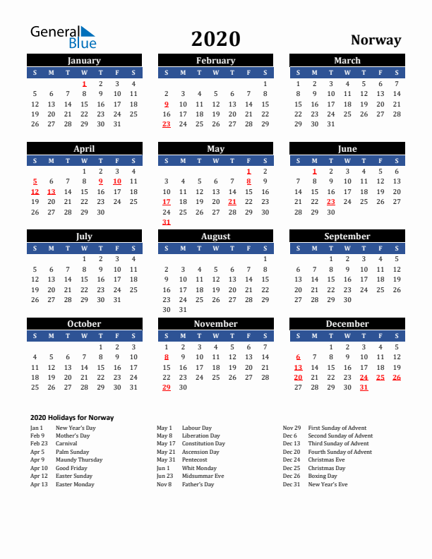 2020 Norway Holiday Calendar