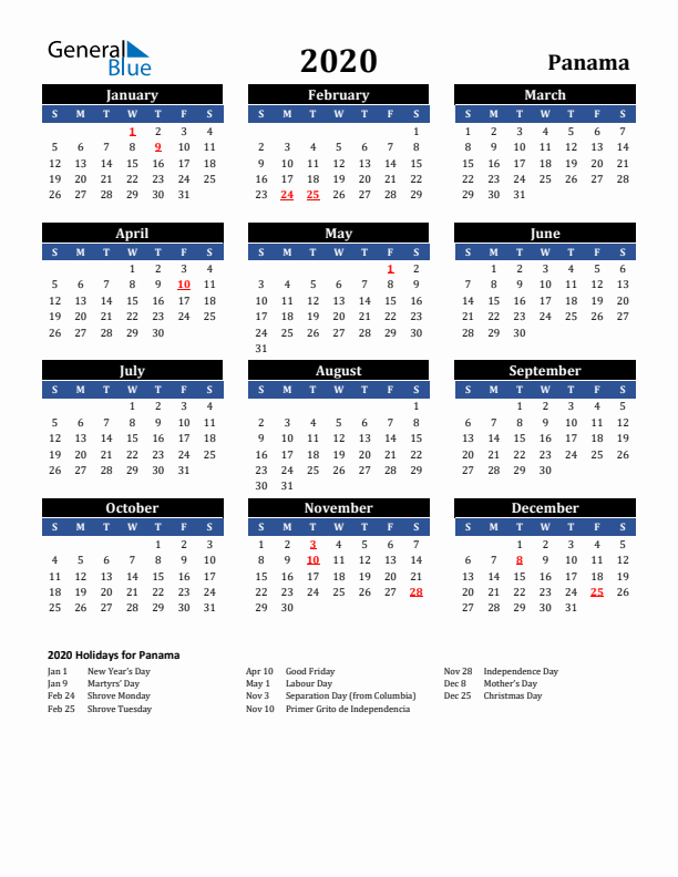 2020 Panama Holiday Calendar