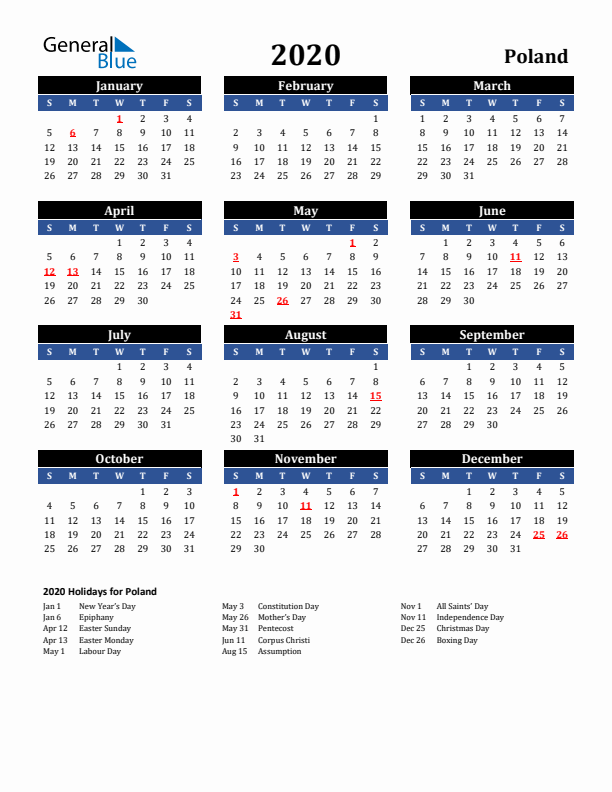 2020 Poland Holiday Calendar