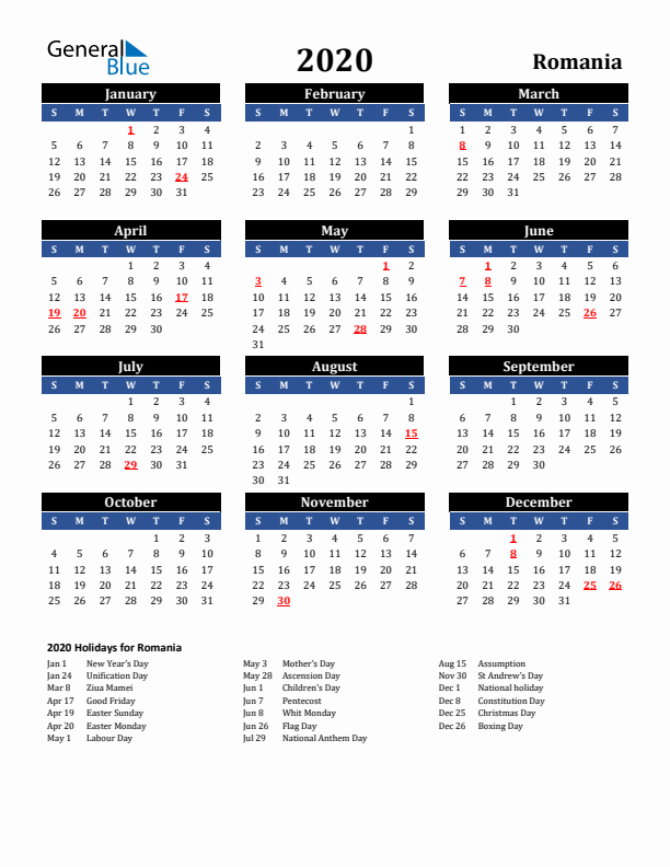 2020 Romania Holiday Calendar