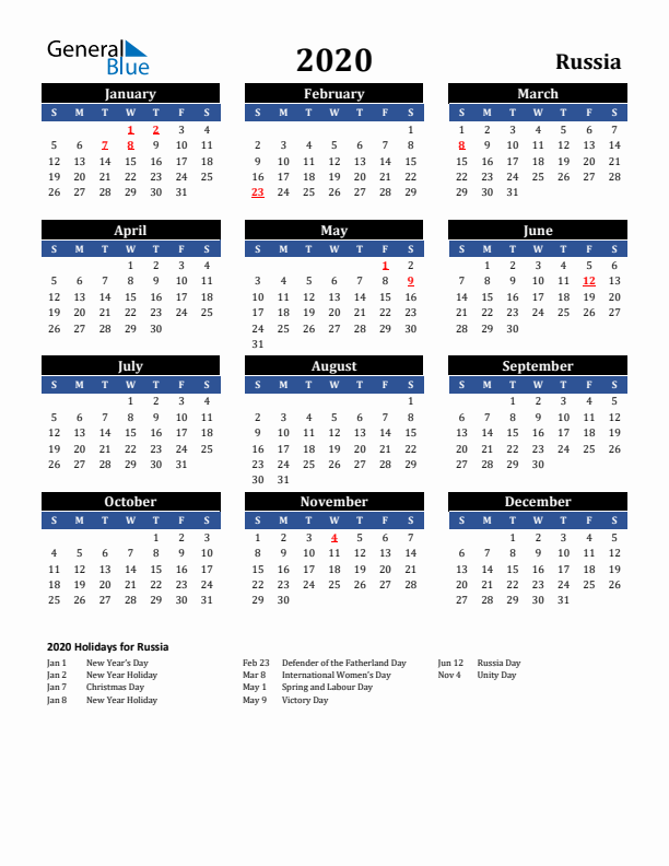 2020 Russia Holiday Calendar