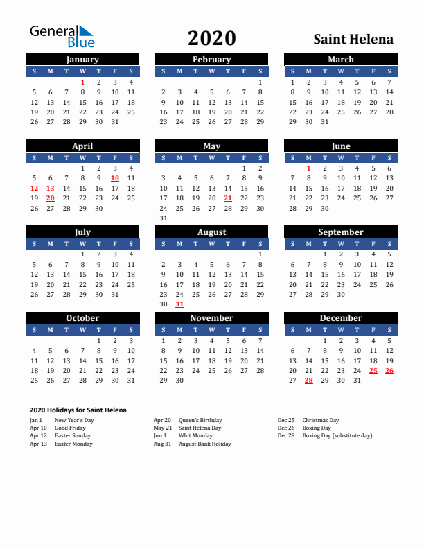 2020 Saint Helena Holiday Calendar