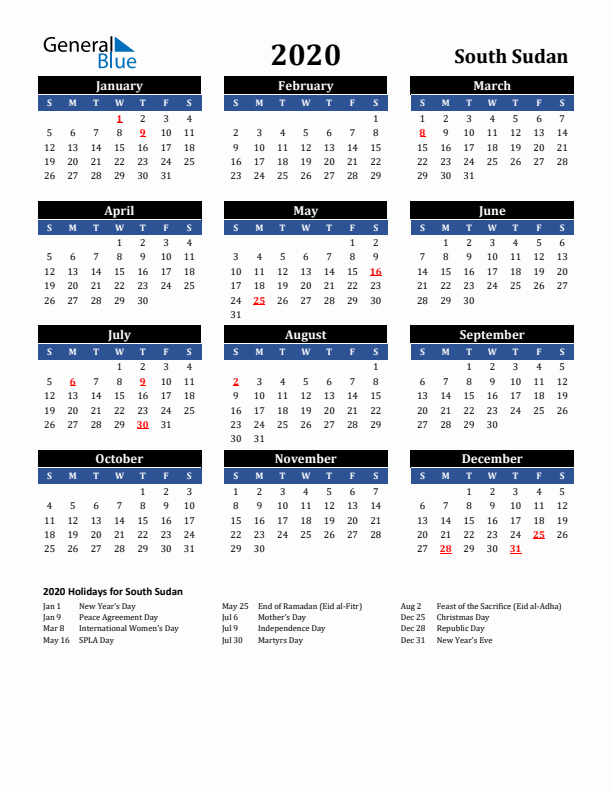 2020 South Sudan Holiday Calendar