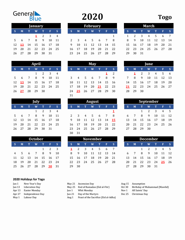 2020 Togo Holiday Calendar