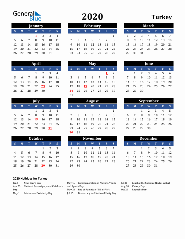 2020 Turkey Holiday Calendar