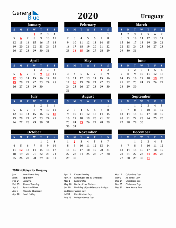 2020 Uruguay Holiday Calendar