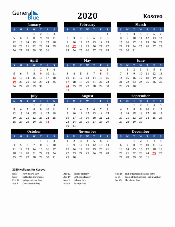 2020 Kosovo Holiday Calendar